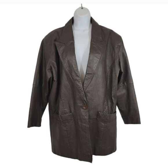 Vintage 80's Atlantic Beach Leather Trench Coat in Dark Chocolate Brown Large - Picture 1 of 9
